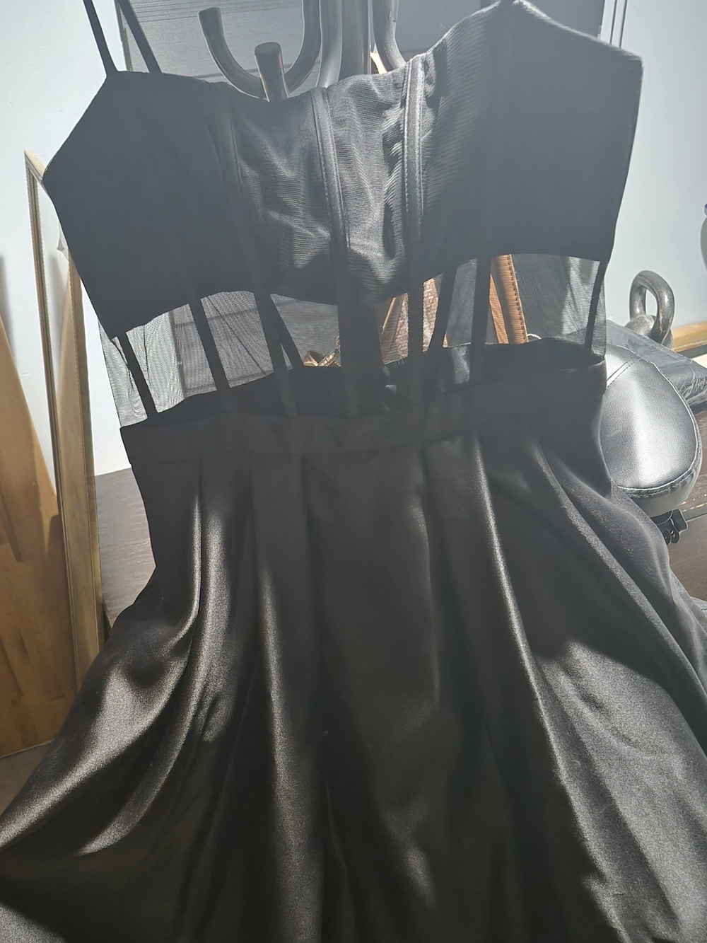 Black Mesh-Accent Satin Prom Dress